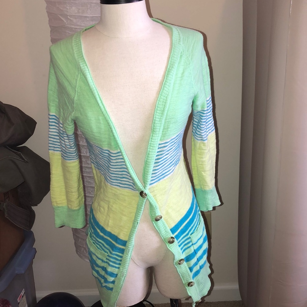 Green and blue cardigan!